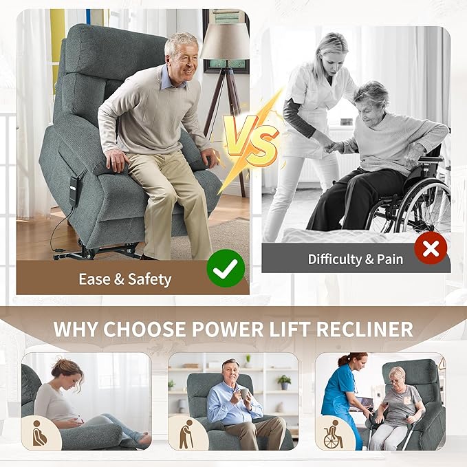 Power Lift Chair Recliners for Elderly, Overstuffed Electric Lift Recliner Chair with Widened Footrest Side Packets for Living Room Bedroom
