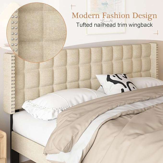 VECELO Headboard Queen Size, Linen Upholstered Headboards Only with Nailhead Trim Wingback, Square Stitched Design, Adjustable Height from 40" to 49.8", Oatmeal