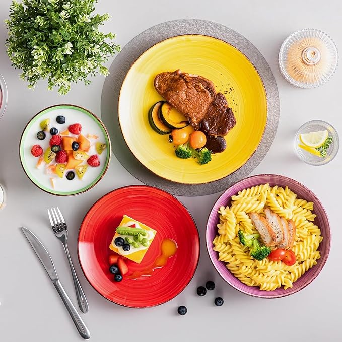 vancasso Bonita Dinnerware Sets, 24 Pieces Multicolor Stoneware Dinner Set for 6, Handpainted Spirals Pattern Ceramic Plates and Bowls Sets Kitchen Plate Set