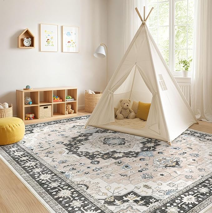 Washable Area Rugs for Living Room - 9x12 Neutral Vintage Distressed Floral Farmhouse Boho Large Soft Floor Rug Indoor Non Slip Carpet for Bedroom Dining Room Office - Pink/Dark Green