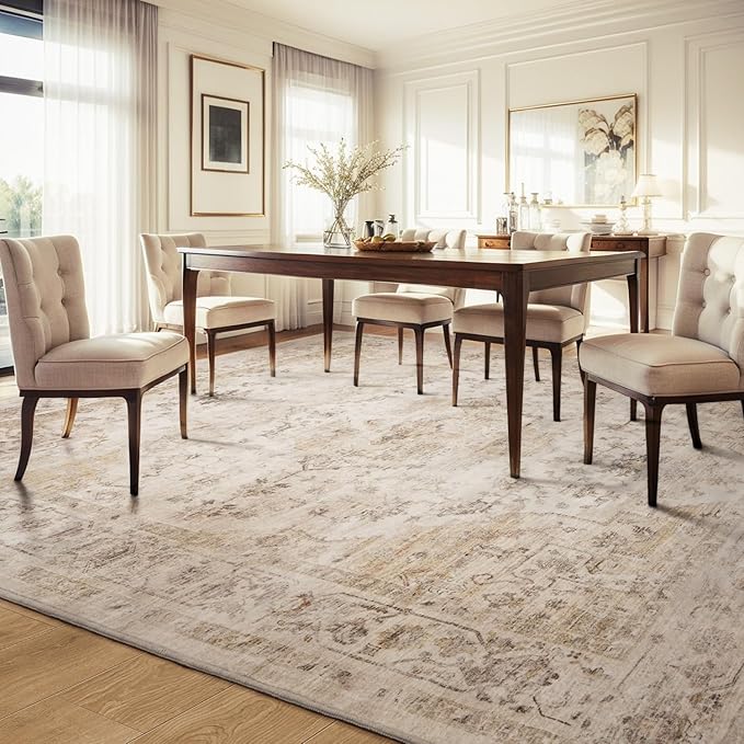 AMOAMI-Area Rug 6X9 Rugs for Living Room-Vintage Soft Beige Rugs for Bedroom-Non Slip Carpet-Machine Washable Rug for Dining Room Living Room Bedroom Office Under Table
