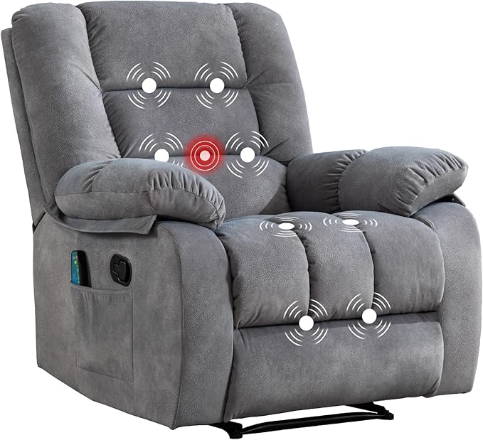 Massage Recliner Chair with Heat and Massage, Soft Fabric Ergonomic Manual Reclining Chairs, Heavy Duty Reclining Sofa Chair with Side Pockets for Living Room (Light Grey)