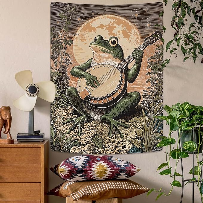 Lunerfex Moonlit Banjo Frog Wall Tapestry, Whimsical Amphibian Musician Tapestries for Room Decor, Folk Art Tapestry 36L x 48W