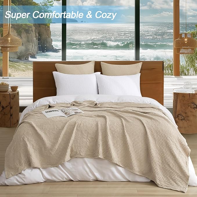 PHF Ultra Soft Waffle Weave Blanket King Size 104"x 90"- Washed Lightweight Breathable Cozy Woven Blanket for Bed - Aesthetic Decor for Couch Bedding Sofa Home Car - Khaki