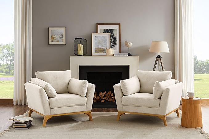 Large-Sized Accent Chair, Thick Cushion Bedroom Reading Chair, Comfortable Living Room Single Sofa, Linen Gray