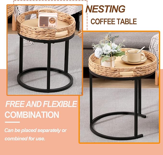 Nesting Coffee Table, Small Round Stacking Side Table with Metal Frame, Modern End Table for Living Room Bedroom Office Balcony (Rattan, 1)