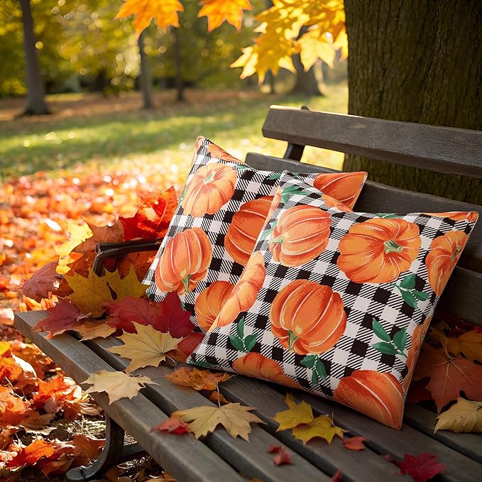 decorUhome Fall Orange Pumpkin Decorative Throw Pillow Covers 18x18 Set of 2, Buffalo Plaid Check Farmhouse Cushion Covers for Autumn Harvest Couch Sofa Bed Home Decor