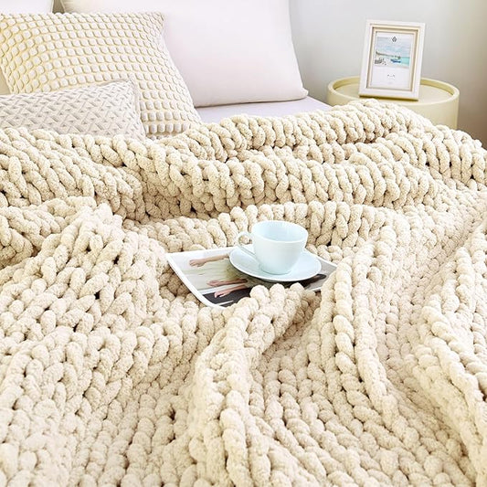 Admitrack Chunky Knit Blanket Throw, 100% Hand Knit Chenille Throw Blanket for Sofa & Home Decor, Soft and Cozy Knitted Throw Blankets (Ivory,40"x50")