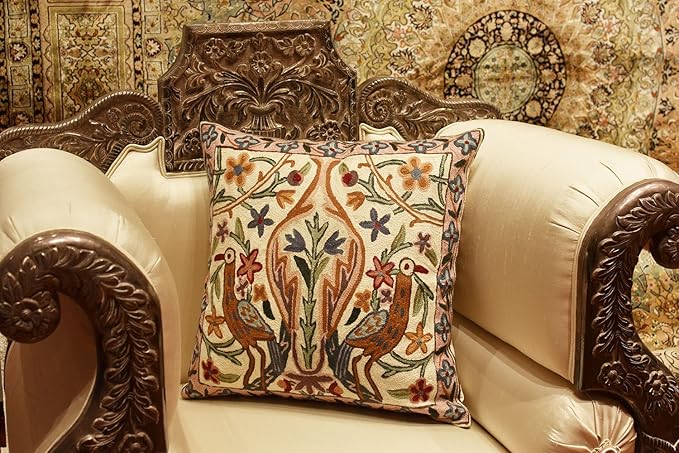 Tree of Life Pillow Cover - Crane Cream Floral Outdoor Pillows | Suzani Cushions | Modern Floral Cushion Hand Embroidered Shams Wool Size - 18x18