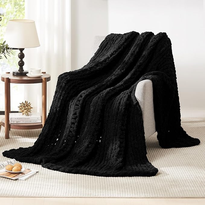 L'AGRATY Chunky Knit Blanket Throw: Soft Chenille Yarn Throw Blanket 60x80 - Handmade Thick Cable Crochet Blanket - Large Chunky Rope Throw Blanket for Couch Sofa Bed Home Decor(Black)