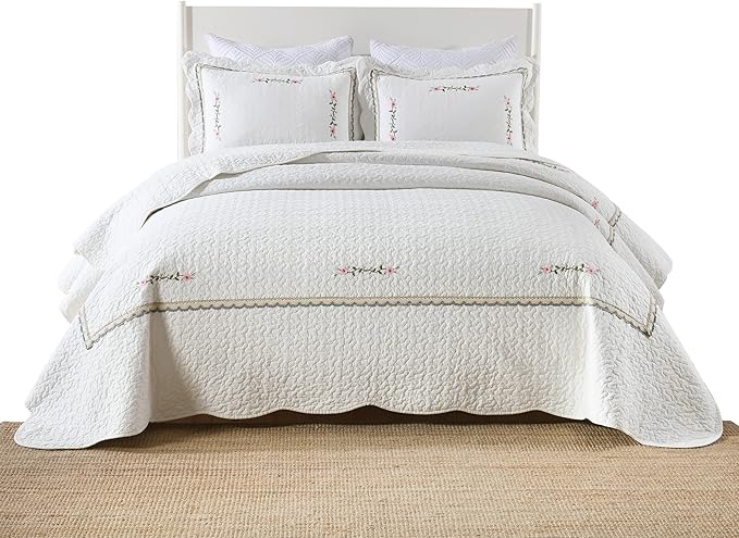 MarCielo 3-Piece 100% Cotton Oversized Bedspread Lightweight Quilt Coverlet Embroidery Farmhouse Bedding Set (Sakura White, Oversized King (118"x106"))