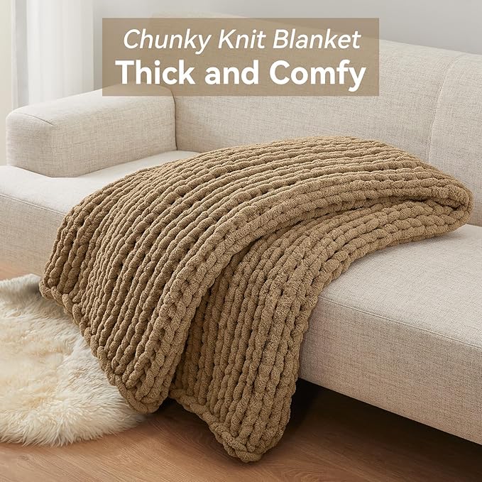 Chunky Knit Throw Blanket, 60''*80'' Knitted Throw Chenille Yarn for Bed Couch, Handmade Light Brown Crochet Big Thick Blanket, Machine Washable Cute Comfy Blanket for Home Decor