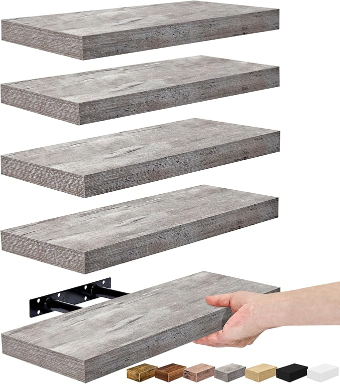 Sorbus Floating Shelves for Wall, Bathroom Shelves Wall Mounted for Kitchen, Bedroom, Living Room, Bathroom Storage, Over Toilet, Hanging Book Shelf for Wall Home Decor (Gray, 5 Pack)