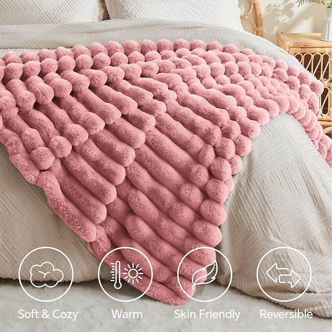 BEDELITE Faux Fur Throw Blanket for Couch, Soft and Cozy Luxurious 3D Striped Fluffy Blanket, 770GSM Thick Warm Plush Fuzzy Faux Rabbit Fur Blanket for Women Gift (Pink, 60"x 80")