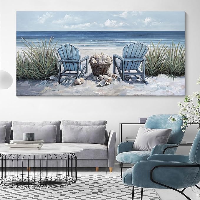 HGUAOA Coastal Wall Art - Large Landscape Wall Pictures for Living Room, Bedroom Pictures, Ocean Beach Artwork, Blue Wall Art, Above Bed Decor, Coastal Landscape Wall Art, Beach Pinting