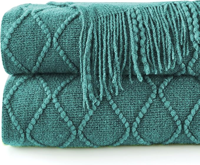 inhand Knitted Throw Blankets for Couch and Bed, Soft Cozy Knit Blanket with Tassel, Blue Lightweight Decorative Blankets and Throws, Farmhouse Warm Woven Blanket for Men and Women, 50"x60"