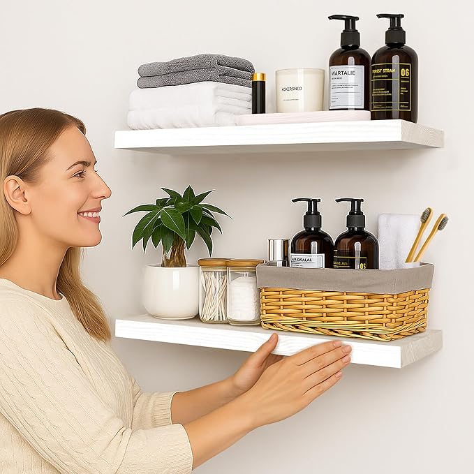 BGMG Wood Floating Shelves 24 inch Long,Rustic Solid Wooden Deep Wall Shelves for Bathroom Living Room Bedroom Kitchen Farmhouse Set of 2-24x6.7x1.25 inch-White