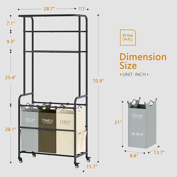 Laundry Sorter 3 Section,Laundry Hamper Cart with Hanging Rack & Removable Bags,Heavy Duty Laundry Basket Organizer with Wheels & 2 Tier Shelf,3 Colors