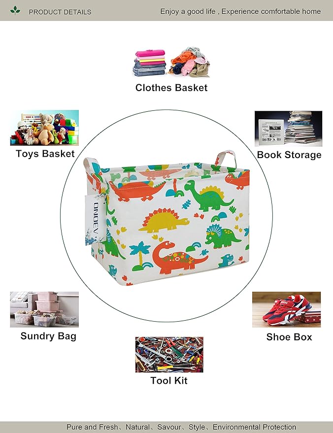 Rectangular Folding Laundry Basket, Canvas Basket,Nersury Hamper,Suitable for Children,Office,Bedroom,Clothes,Toys Storage(Dinosaur Paradise) (1)