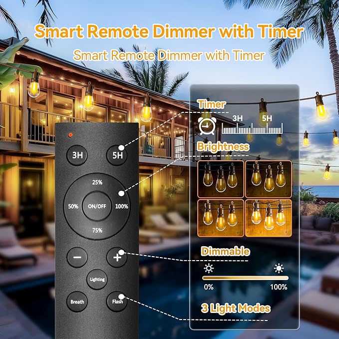 Outdoor String Lights Patio LED Light Outside - 45M 43+2 S14 LED Dimmable 150ft Porch Lighting IP65 Waterproof