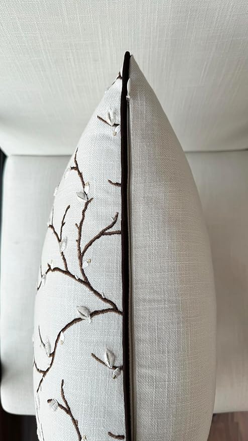 VAGMINE Embroidered Pussy Willow Throw Pillow Cover - 18x18 Inches Square - 100% Cotton Ivory Decorative Cushion Cover - Floral Embroidery - Soft Neutral Accent for Sofa, Bed, Couch, Farmhouse Décor