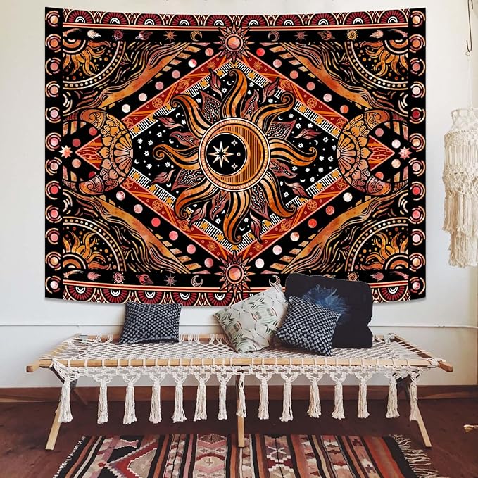 Lunerfex Hippie Sun and Moon Tapestry Bohemian Celestial Tapestry Aesthetic Tapestries for Bedroom and Living Room Decor Sun and Moon 60×80 Inches