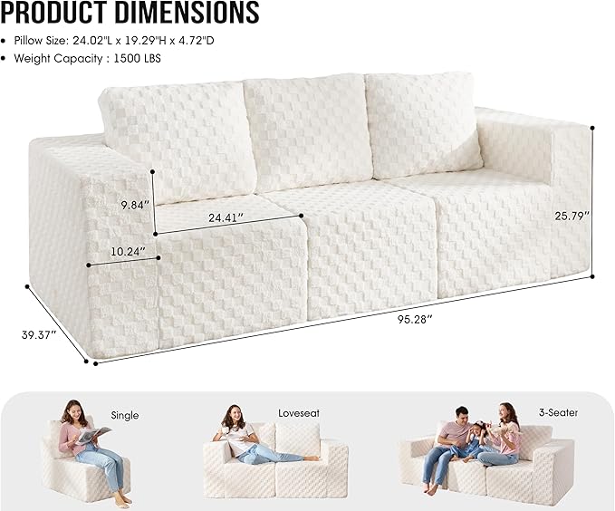 Modular Sectional Sofa 3-Seater Modular Couch with Deep Seat Memory Foam Cloud Chair with Pillows Oversized Sectional Sofa for Living Room Bedroom (Plush White, 3-Seater)