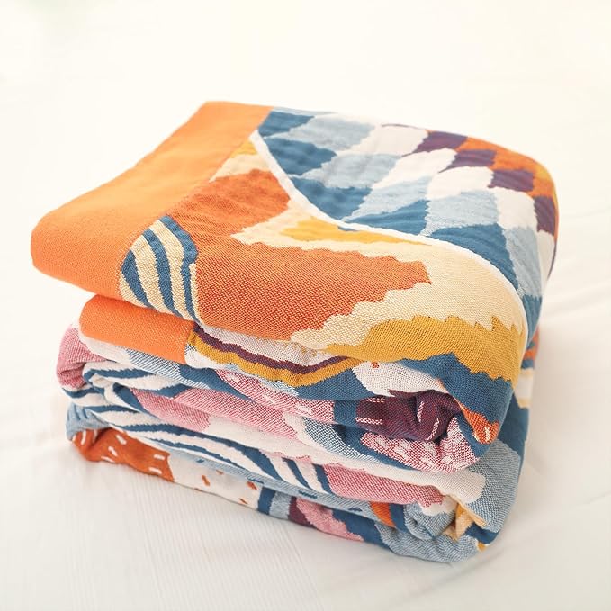 Snycler Boho Throw Blanket for Bed - 100% Cotton Ultra Soft Rustic Quilt Fall Blanket - Orange Floral Printed Farmhouse Decor Bed Blankets, 60"×80" All Season Rustic Throw for Sofa Couch Chair