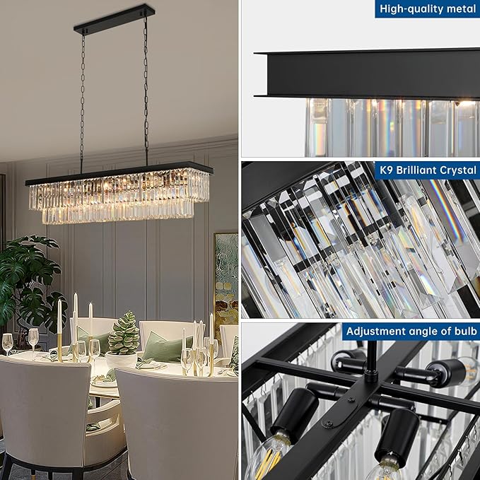 Crystal Chandeliers for Dining Room Light Fixtures Over Table,18-Lights Black Modern Rectangle Chandeliers for Kitchen Island Bar L46 Inch