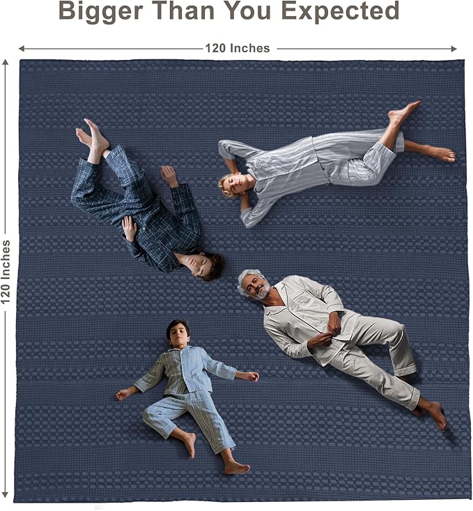 PHF 100% Cotton Waffle Blanket Oversized King 120"x120", Lightweight Breathable Extra Large 10'x10' Summer Blankets for Bed, Giant Big Luxury Aesthetic Woven Bedding for Home Decor, Dark Navy