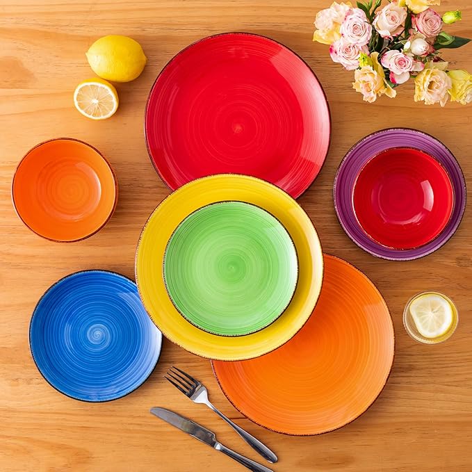 vancasso Bonita Dinnerware Set Muticolor Stoneware 18 Pieces Service for 6, Handpainted Spirals Pattern Stoneware Plates and Bowls Set