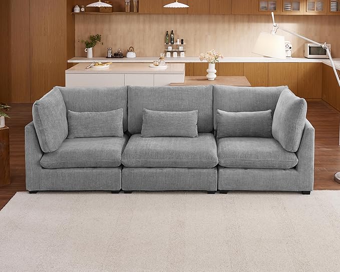 Oversized Modular Sofa, Extra Deep Cloud Chenille Sectional Couch with Ottoman Chaise, Fluffy Chenille 3 Seater Sofa for Living Room, Villa (Basic 3 Seater, Chenille Grey)