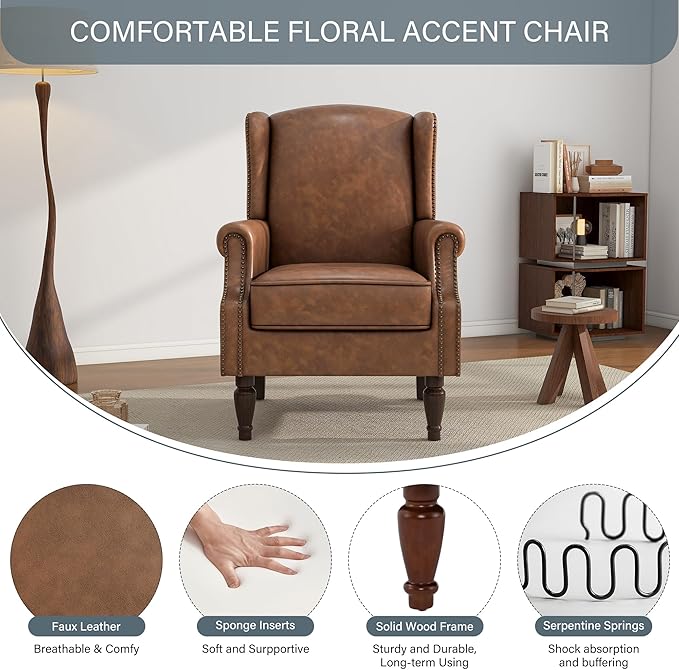 UIXE PU Leather High Back Accent Chairs Set of 2, Upholstered Armchair for Living Room, Retro Wingback Arm Chair Nailhead Trim Single Sofa Bedroom Reading Seat - Brown