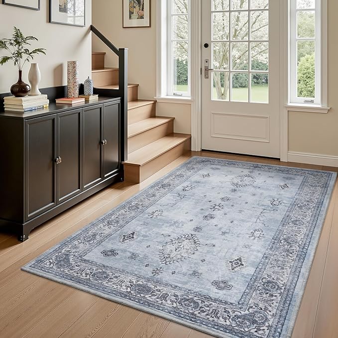 AMOAMI-Vintage Area Rug 3x5 Blue Rugs for Living Room-Soft Washable Rug Non Slip Entryway Rug Indoor Vintage Throw Accent for Bedroom Laundry Room Dining Bathroom Bedside