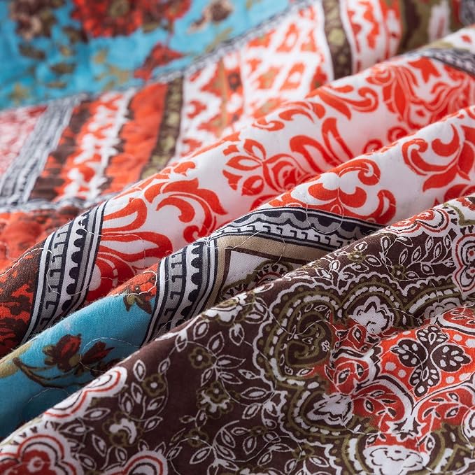 NEWLAKE Cotton Bedspread Quilt Sets-Reversible Patchwork Coverlet Set, Mediterranean Classic Bohemian Pattern,King Size