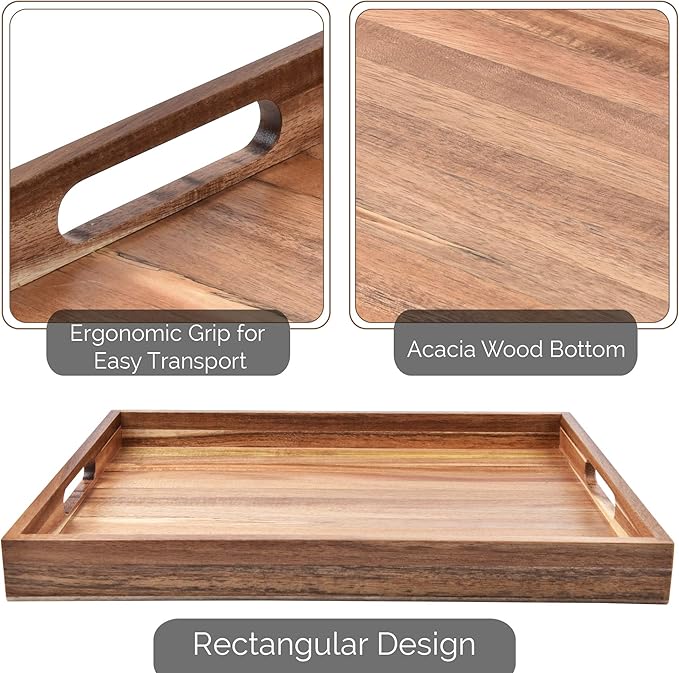 Acacia Wood Serving Tray with Handles Set of 2 – Decorative Serving Trays Platter for Breakfast in Bed, Lunch, Dinner, Patio, Ottoman, Coffee Table, BBQ, Party –Great for Lap &Couch