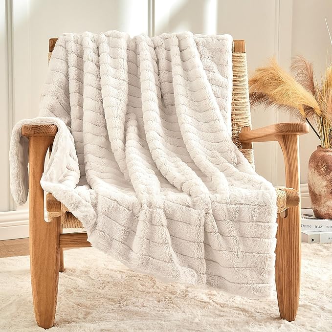 BEDELITE Faux Fur Throw Blanket for Couch, Soft and Cozy 3D Ribbed Fluffy Blanket, Thick Warm Plush Fuzzy Faux Rabbit Fur Blanket for Women Gift (Beige, 60"x 80")