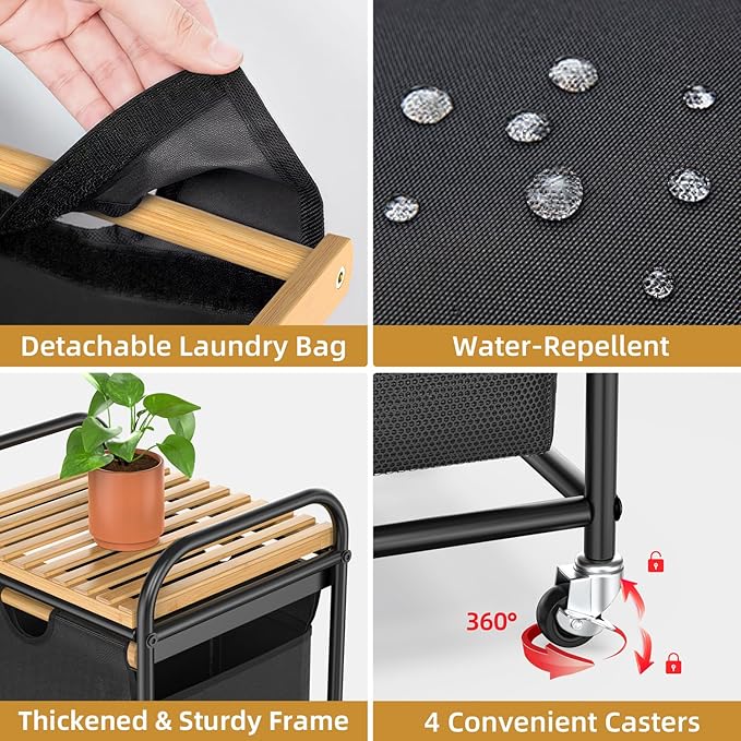 Laundry Hampers 1 Section, Laundry Sorter with Removable Shelf and Pull-Out Bags, Clothes Hampers with Wheels Rolling Cart Basket for Laundry Room Bathroom, 50 L (Black)