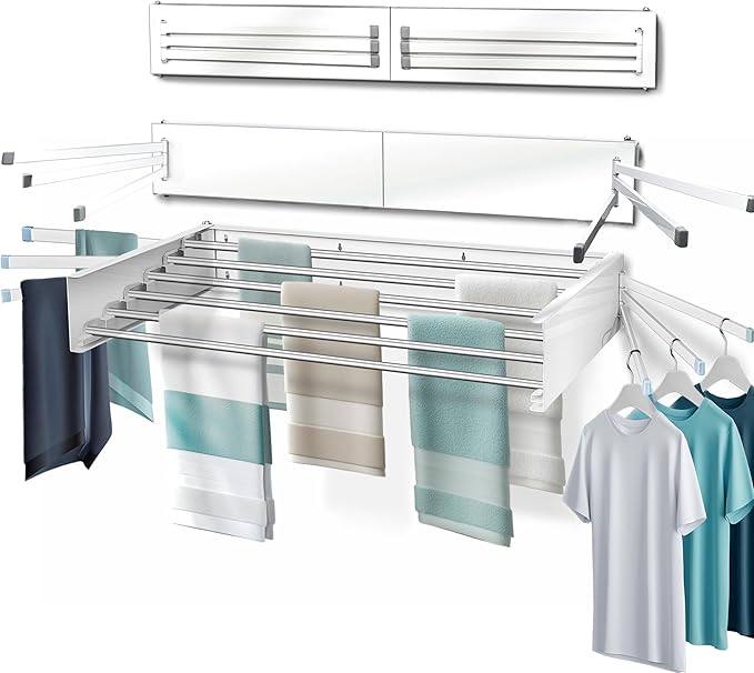 MODERN-X Wall Mounted Clothes Drying Rack with 6 Swivel arms, 35โWide, 26 Linear ft of Laundry Drying Rack Space, 6 Collapsible Aluminum rods, 2X Drying Capacity, Space Organizer Holds up to 60lbs