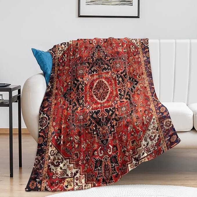 Heriz Antique Vintage Boho Persian Carpet Flannel Fleece Throw Blankets 50"X40" Lightweight Fluffy Winter Fall Blanket Cozy Soft Fuzzy Plush Home Decor for Couch Bed Sofa Bedroom Living Room Travel