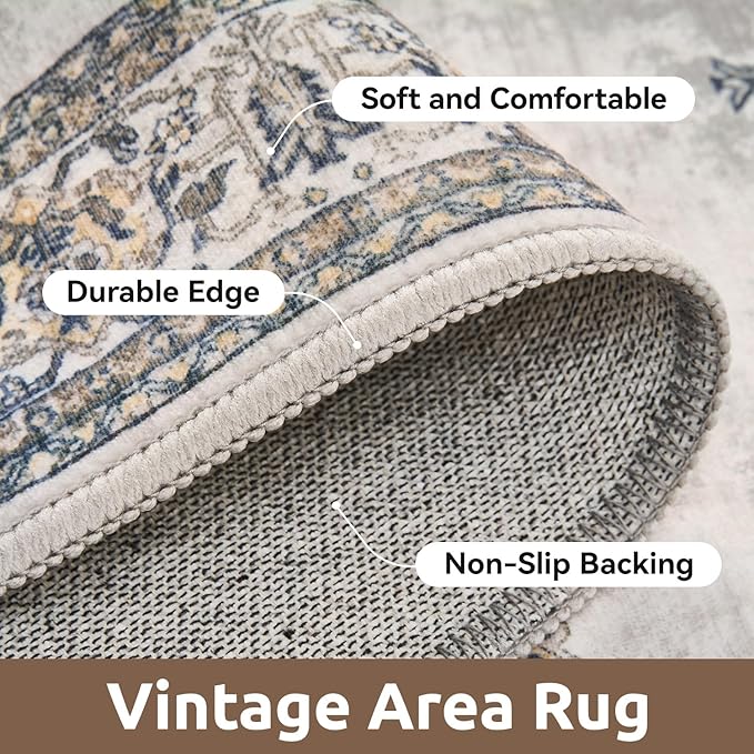 AMOAMI-Vintage Area Rug 4x6 Grey Rugs for Living Room-Soft Living Room Rug Non Slip Rugs for Bedroom Carpet Machine Washable Rug for Dining Room Bedside Office Room Decor