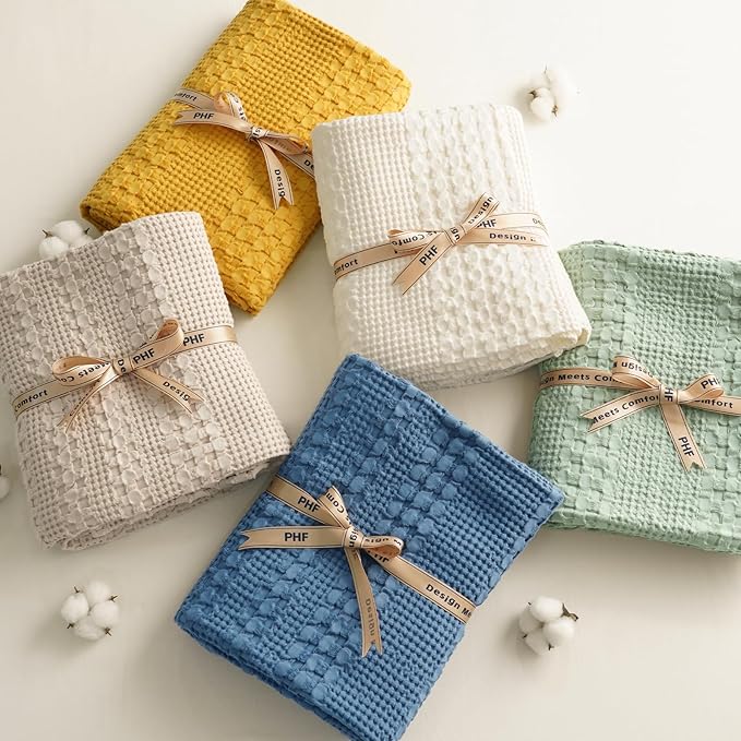 PHF 100% Cotton Waffle Weave Blanket Queen Size, Soft Lightweight Breathable Cozy Summer Blankets for Bed, Luxury Aesthetic Woven Bedding for Home Decor, 90"x90", Cannoli Cream