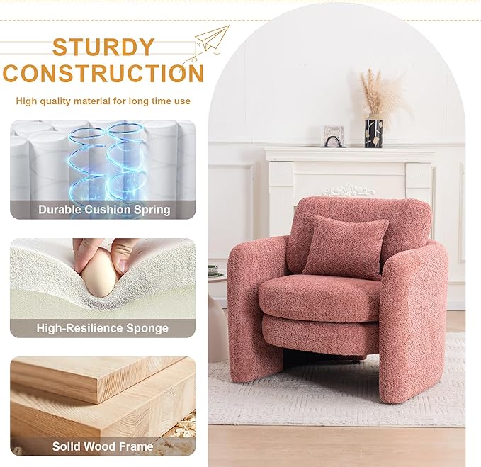 Chenille Accent Armchair Oversize Upholstered Barrel Comfy Modern Round Lounge Sofa Chair with Pillow Cozy Reading Chairs for Apartment,Office,Living Room,Dining,Makeup,Club,Pink 2SET