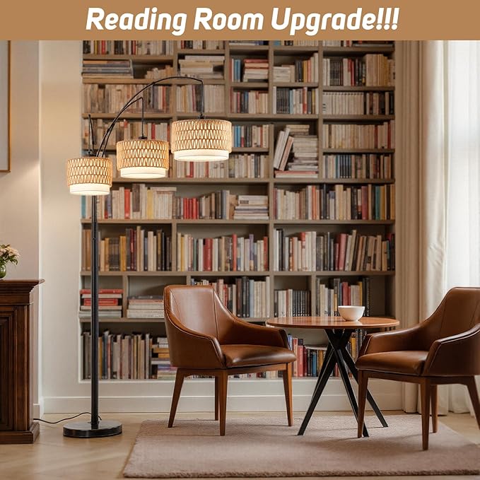 Rattan Floor Lamp for Living Room, 80 Inch Tall Boho Floor Lamp with Rotary Switch, 3 Lights Arc Lamp with Wicker Shade for Coastal,Bohemian,Tree Farmhouse Standing Lamp