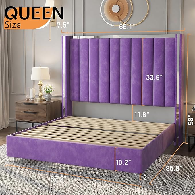Jocisland Queen Bed Frame with 58" Tall Headboard, Velvet Upholstered Platform Bed with Channel Tufted Wingback Headboard and Plating Trim, No Box Spring Needed, Purple