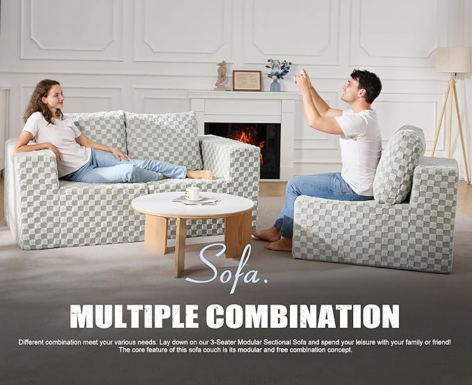 Modular Sectional Sofa 3-Seater Modular Couch with Deep Seat Memory Foam Cloud Chair with Pillows Oversized Sectional Sofa for Living Room Bedroom (Plush GREYOLIVE, 3-Seater)