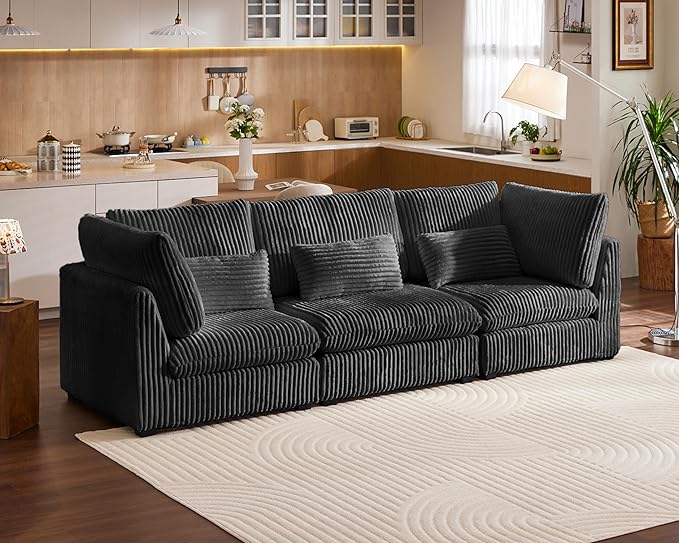 Oversized Modular Sofa, Extra Deep Cloud Corduroy Sectional Couch with Ottoman Chaise, Fluffy Chenille 3 Seater Sofa for Living Room, Villa (Basic 3 Seater, Corduroy Black)