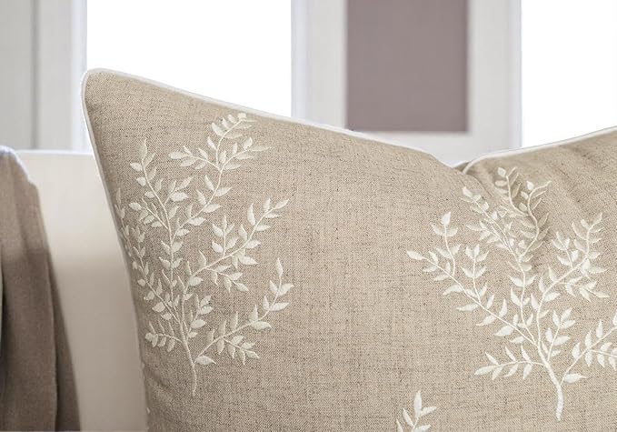 VAGMINE Embroidered Leaves Throw Pillow Cover - 20x20 Inches Square - 100% Linen Natural Throw Pillowcase - Elegant Neutral Leaf Design - Minimalist Rustic Home Accent for Sofa, Bed, Couch, Lounge