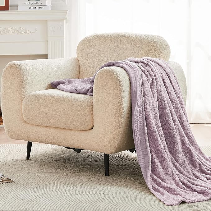 EMME Muslin and Fleece Twin Blanket Reversible - 60"*80" Lavender Soft Warm Throw Blankets for Couch Bed Picnic Travel Bed