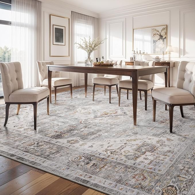AMOAMI-Area Rug 5X7 Rugs for Living Room-Vintage Soft Grey Rugs for Bedroom-Non Slip Carpet-Machine Washable Rug for Dining Room Living Room Bedroom Office Under Table